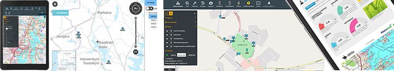 Masmaps-karttapalvelun näkymiä: verkostokartta, mittauspisteet ja mobiili kenttäkäyttö.