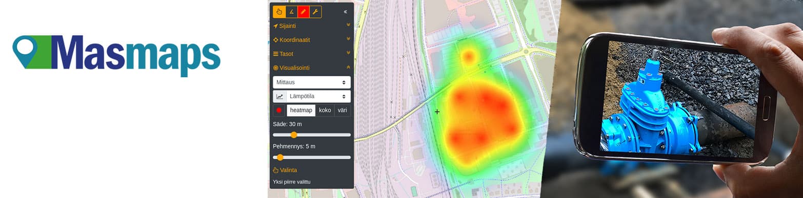Masmaps heatmap-näkymä ja vesijohtoliitos maastossa.