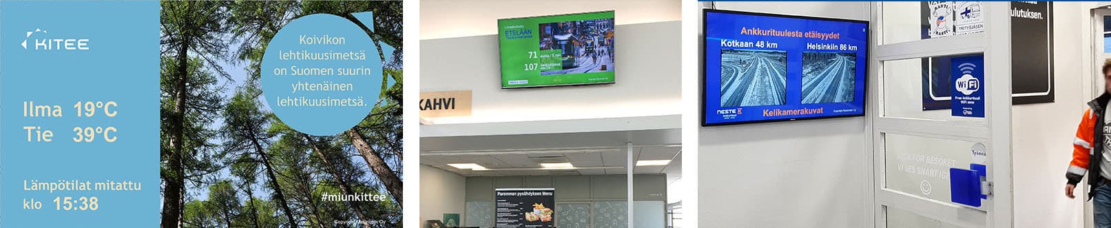 Masmonitor-näkymiä: lämpötiladata ja liikenneseuranta.